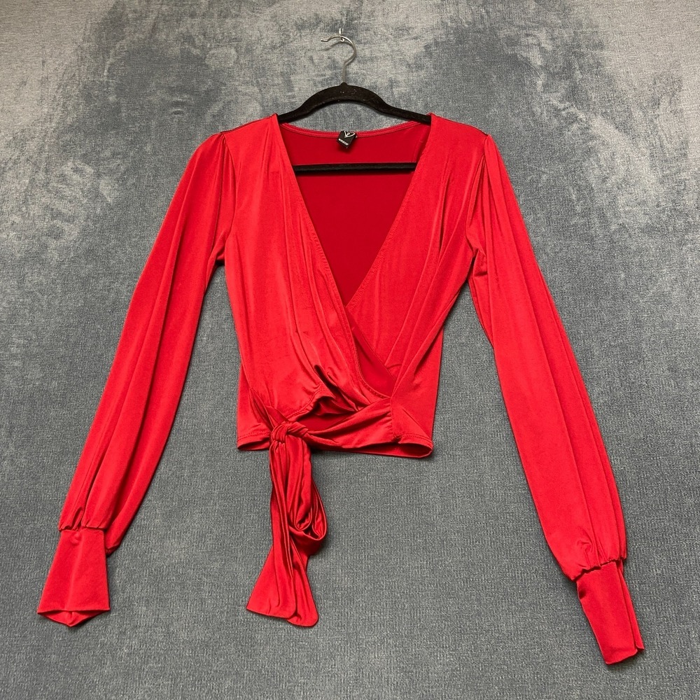 Windsor Wrap Top Womens Small Red Long Sleeve Stretch Deep V Neck Tie Front